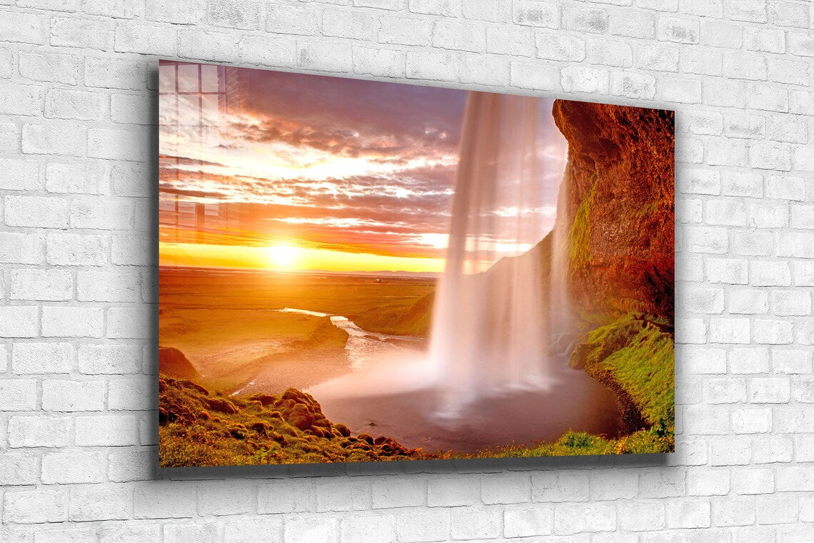 Waterfall & Mountains Print Tempered Glass Wall Art 100% Made in Australia Ready to Hang