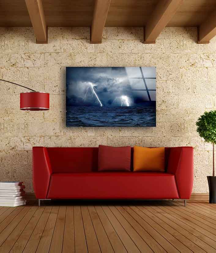 Lightning Sky Over Sea Photograph Acrylic Glass Print Tempered Glass Wall Art 100% Made in Australia Ready to Hang