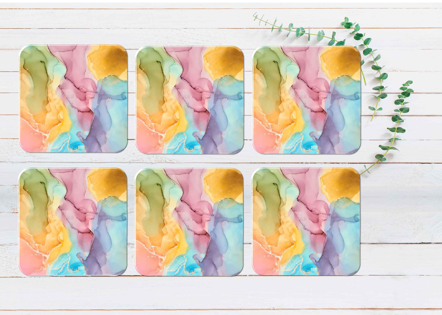 Yellow Pink Blue Orange Abstract Coasters Wood & Rubber - Set of 6 Coasters