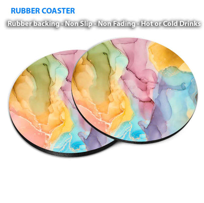 Yellow Pink Blue Orange Abstract Coasters Wood & Rubber - Set of 6 Coasters