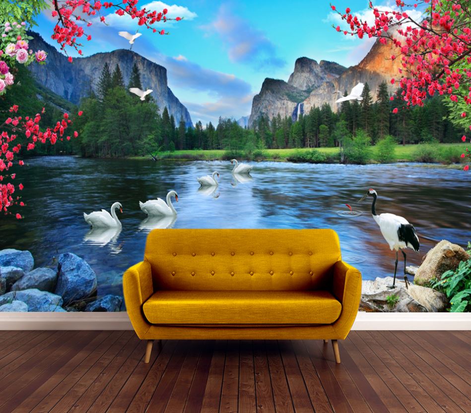 Wallpaper Murals Peel and Stick Removable Lake, Birds & Mountain View High Quality