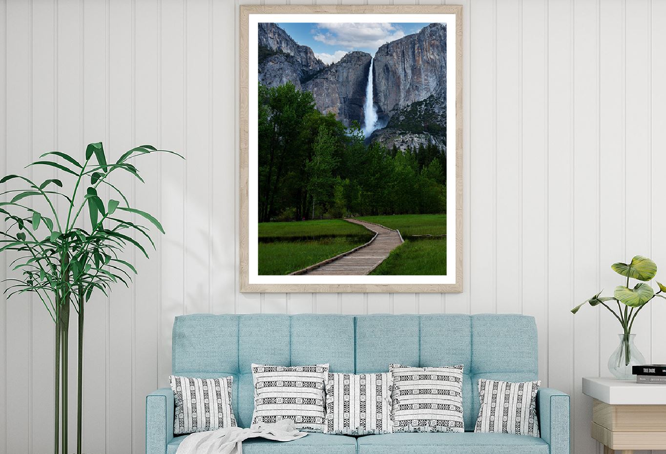 Wooden Path & Waterfall Blue Sky Photograph Home Decor Premium Quality Poster Print Choose Your Sizes