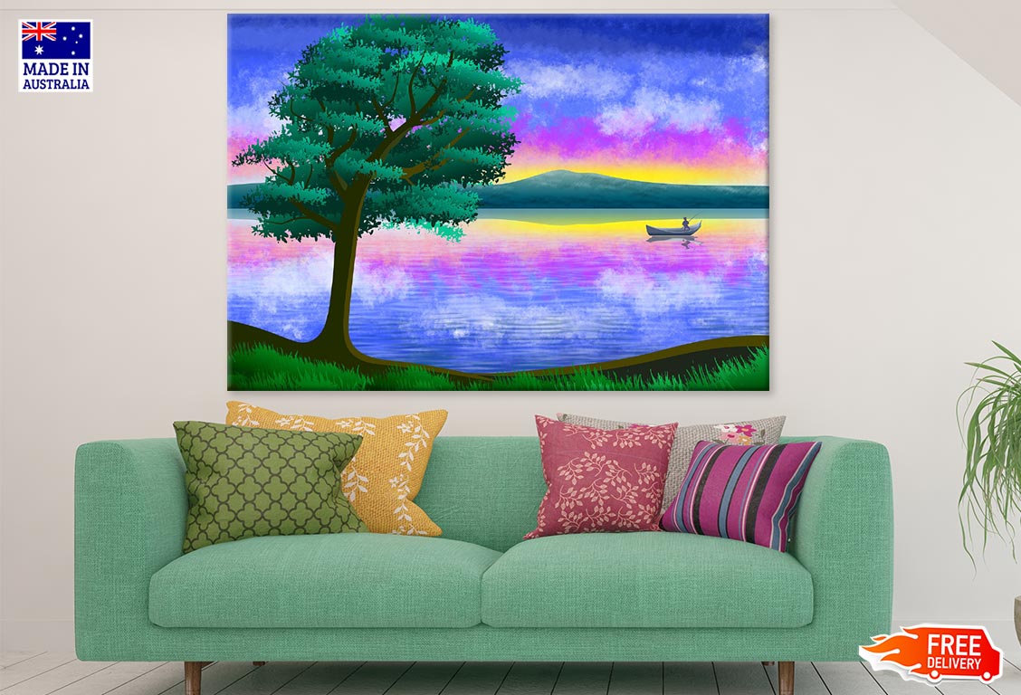 Boat on Lake & Tree Vector Art Print 100% Australian Made