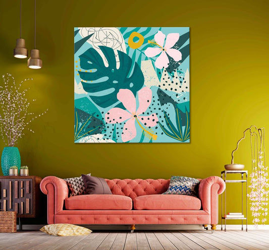 Square Canvas Monstera Leaves Hibiscus Art High Quality Print 100% Australian Made