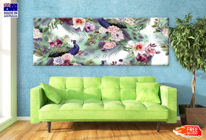 Panoramic Canvas Peacocks & Floral Design High Quality 100% Australian made wall Canvas Print ready to hang