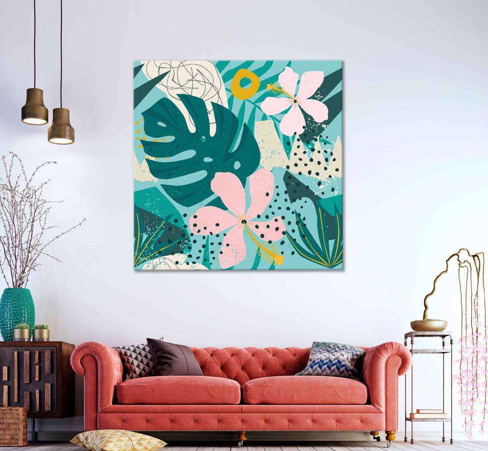 Square Canvas Monstera Leaves Hibiscus Art High Quality Print 100% Australian Made