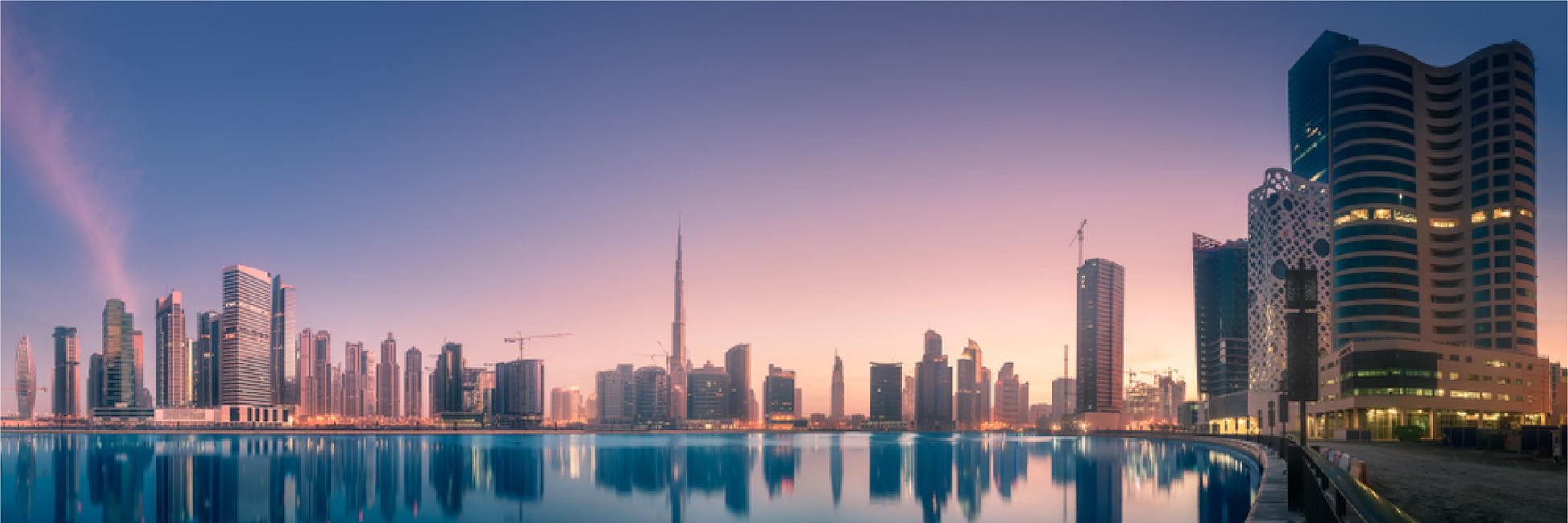 Panoramic Canvas Dubai Business Bay with Reflection of Skyscrapers on Water Sunrise High Quality 100% Australian made wall Canvas Print ready to hang