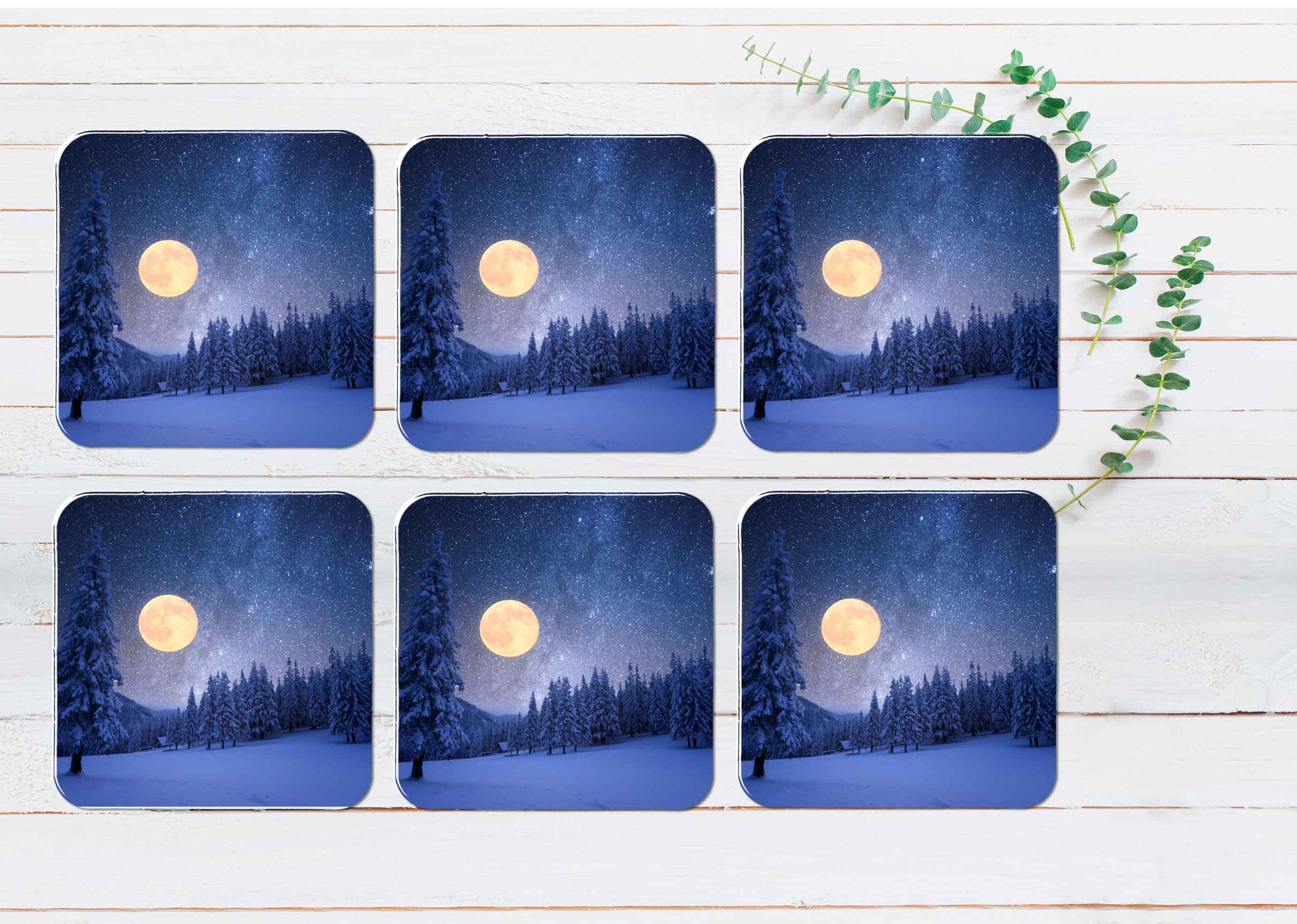 Winter Night With Full Moon & Starry Sky Coasters Wood & Rubber - Set of 6 Coasters