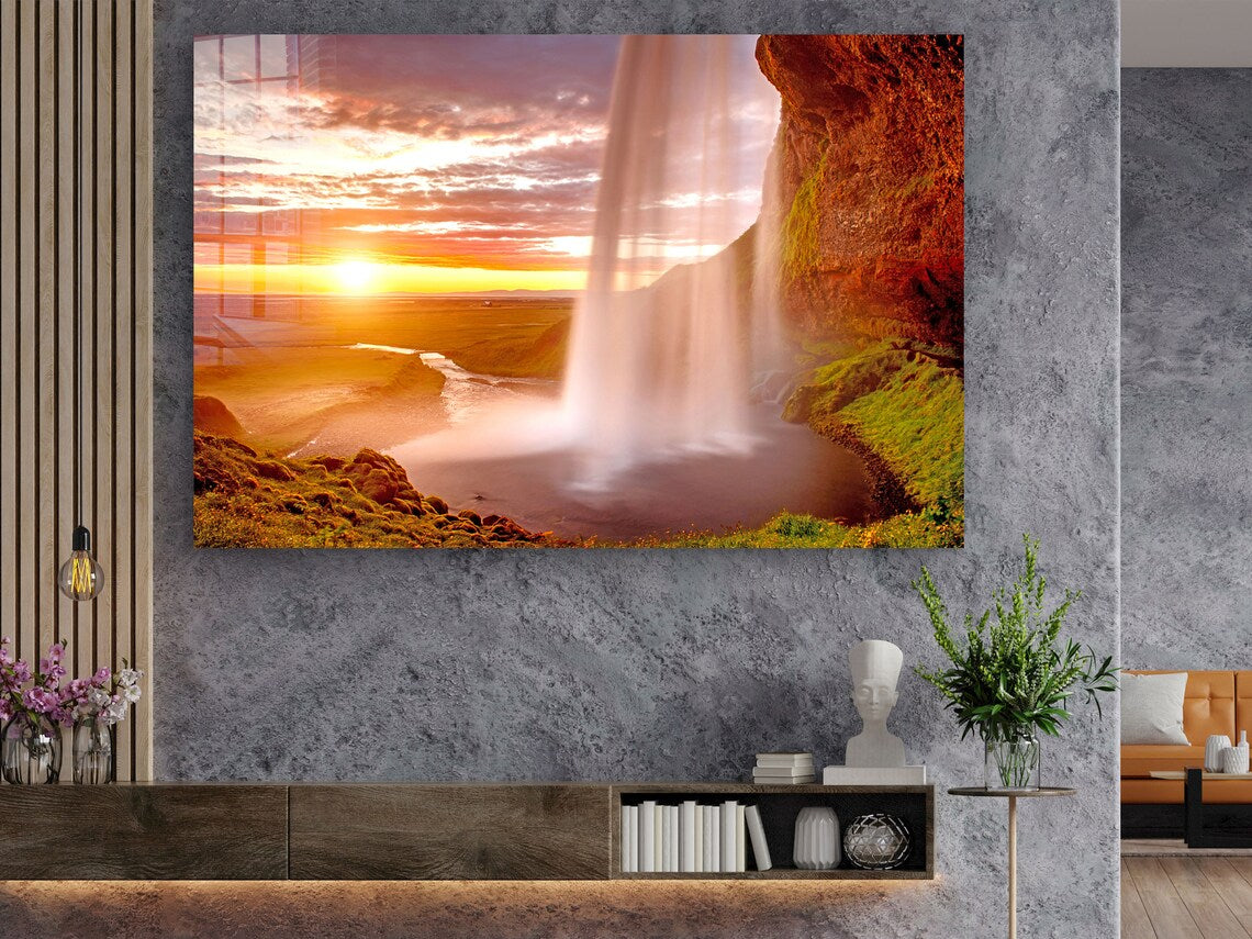 Waterfall & Mountains Print Tempered Glass Wall Art 100% Made in Australia Ready to Hang