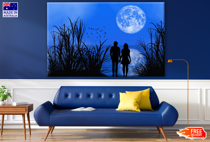 Couple Standing Near Lake Night Painting Print 100% Australian Made