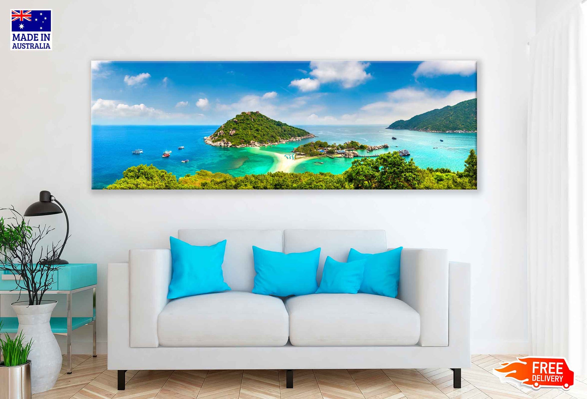 Panoramic Canvas Nang Yuan Island With Houses & Ocean High Quality 100% Australian Made Wall Canvas Print Ready to Hang