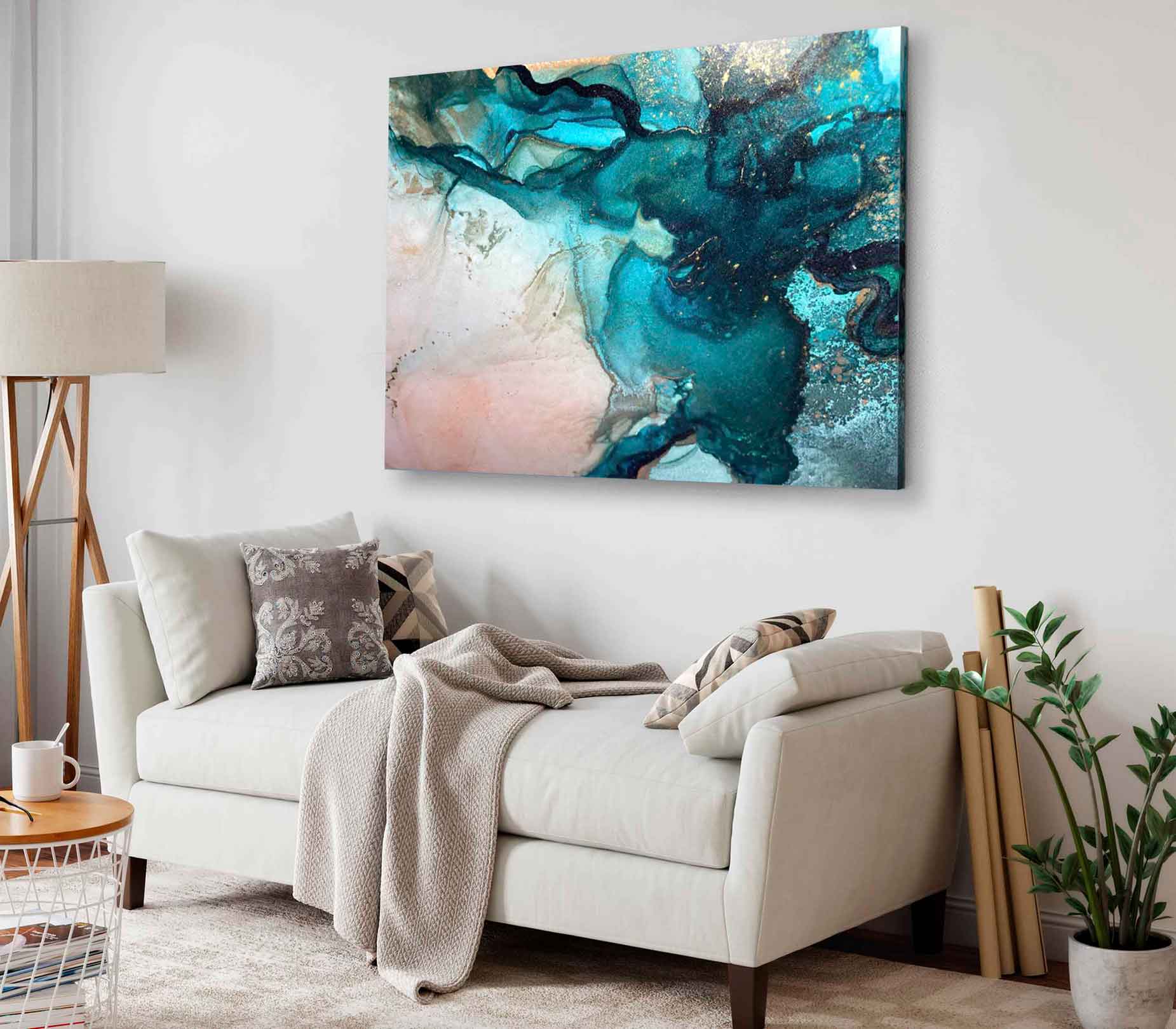 Bella Home Green Blue & Gold Fluid Abstract Print Canvas Ready to hang