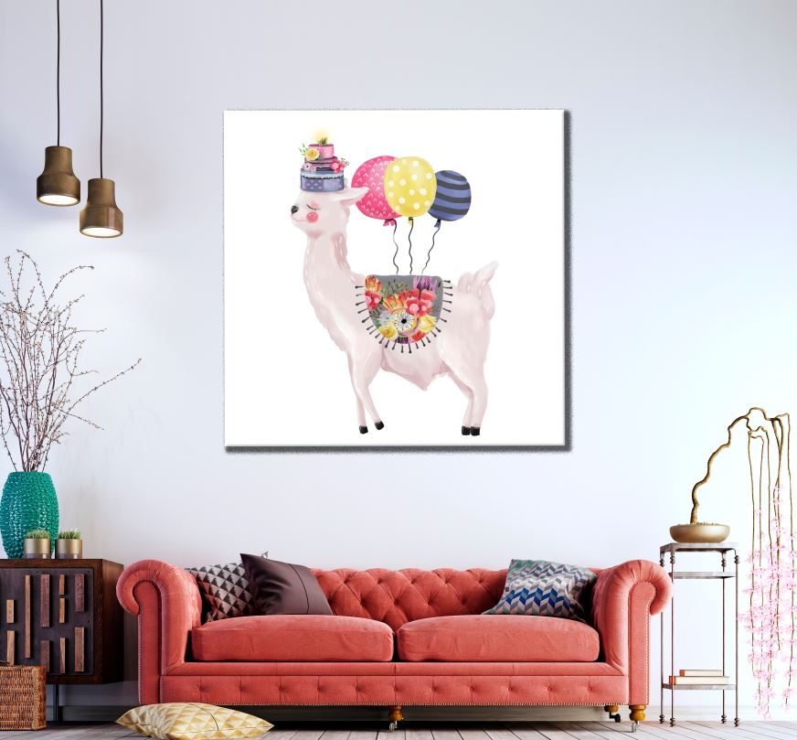 Square Canvas Llama Holding Balloons Painting High Quality Print 100% Australian Made