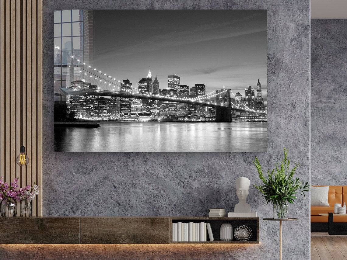 Night Bridge B&W View Print Tempered Glass Wall Art 100% Made in Australia Ready to Hang