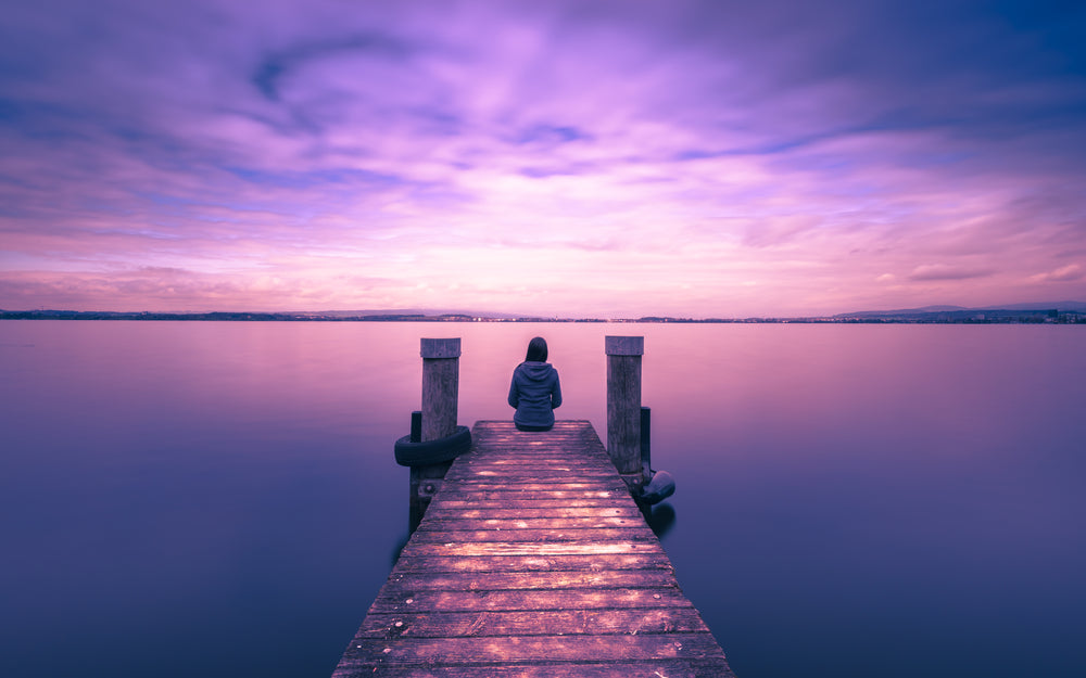 Wooden Pier & Lake with Purple Sky Photograph Print 100% Australian Made