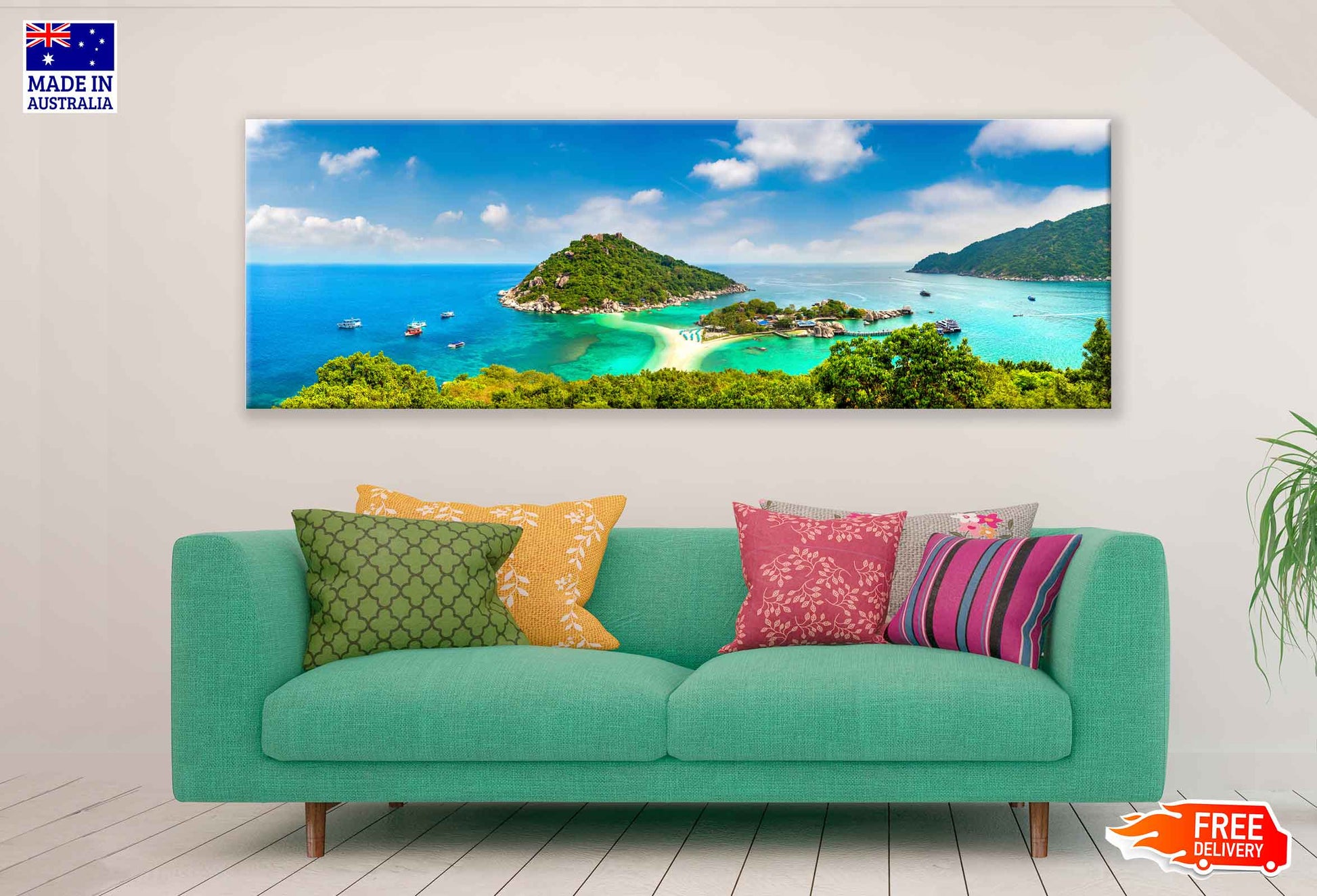 Panoramic Canvas Nang Yuan Island With Houses & Ocean High Quality 100% Australian Made Wall Canvas Print Ready to Hang