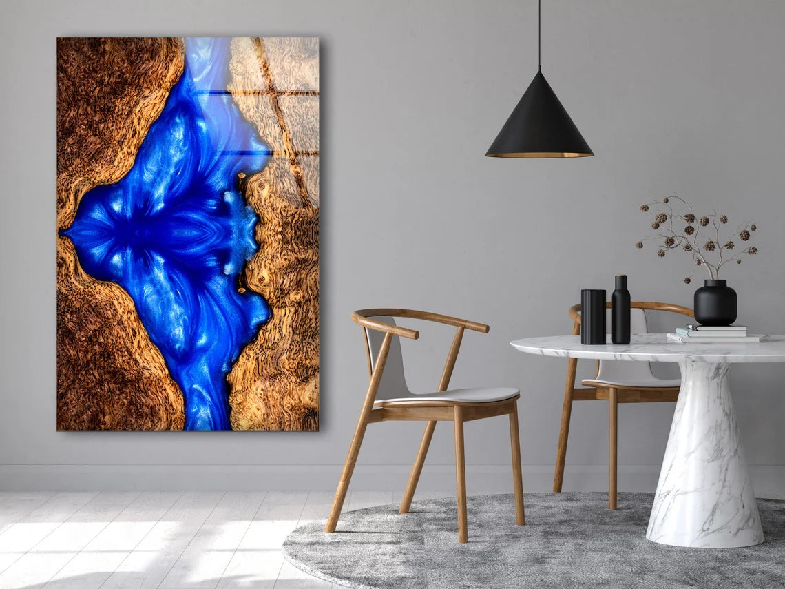 Wooden Marble With Epoxy Resin Blue Acrylic Glass Print Tempered Glass Wall Art 100% Made in Australia Ready to Hang
