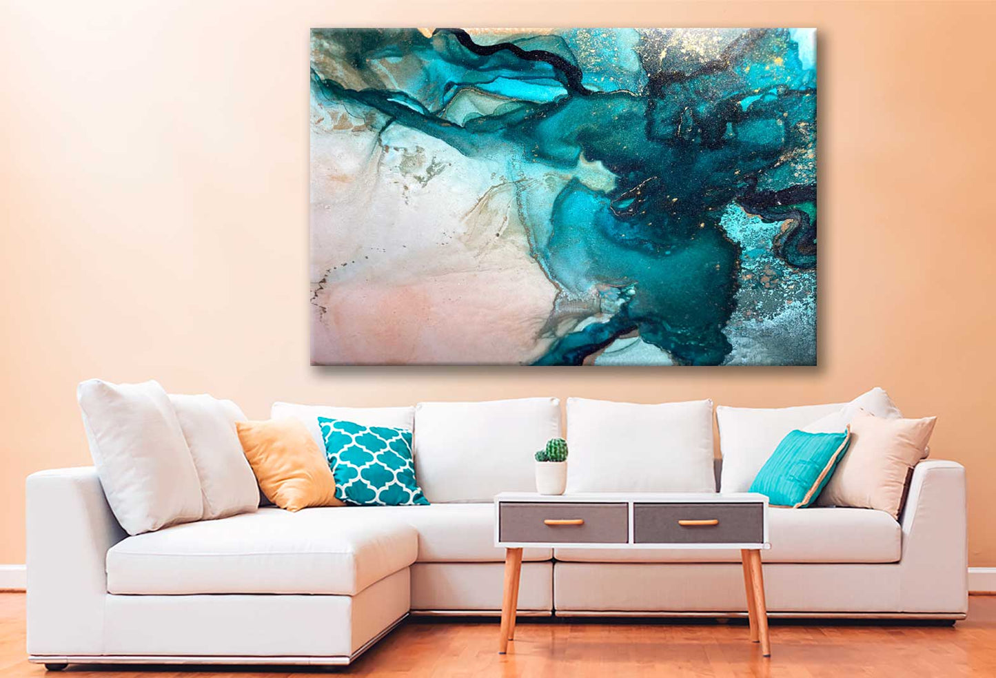 Bella Home Green Blue & Gold Fluid Abstract Print Canvas Ready to hang