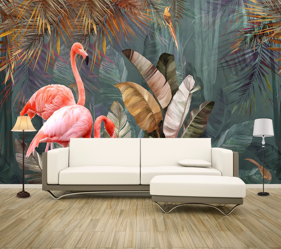 Wallpaper Murals Peel and Stick Removable Flamingo Birds in Forest High Quality