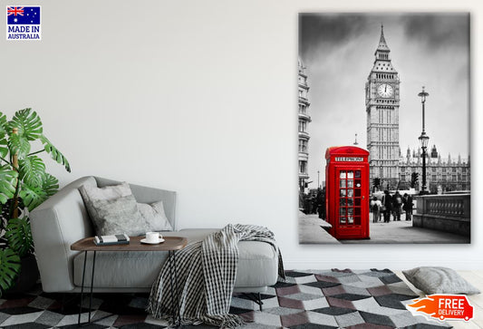B&W London Clock Tower & Red Phone Booth Print 100% Australian Made