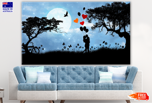 Couple Holding Baloons & Hugging Under Moonlight Art Print 100% Australian Made