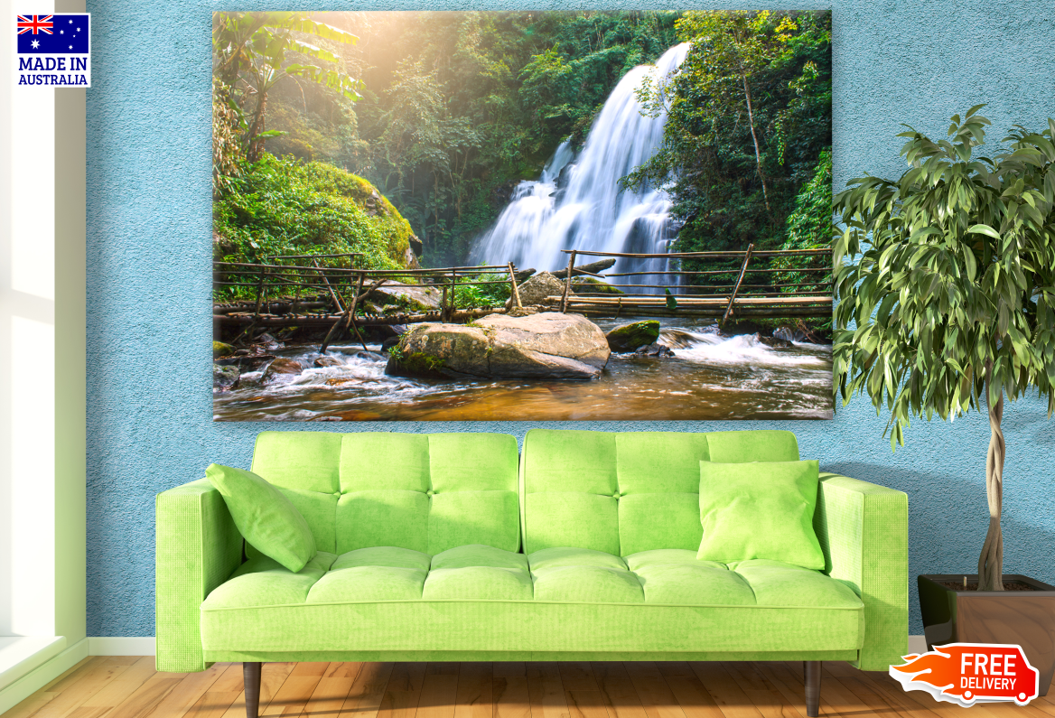 Stunning Waterfall with Wooden Bridge Print 100% Australian Made