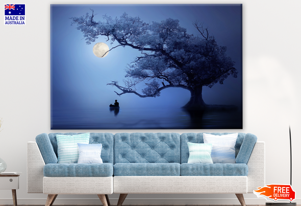 Tree & Man Lone in a Rive Moon lIght Painting Print 100% Australian Made