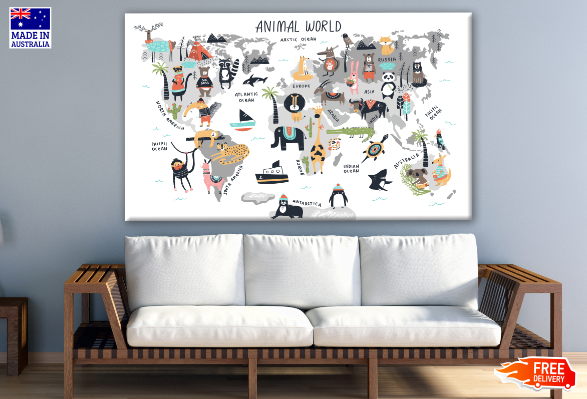 Animal World Map Illustration Print 100% Australian Made