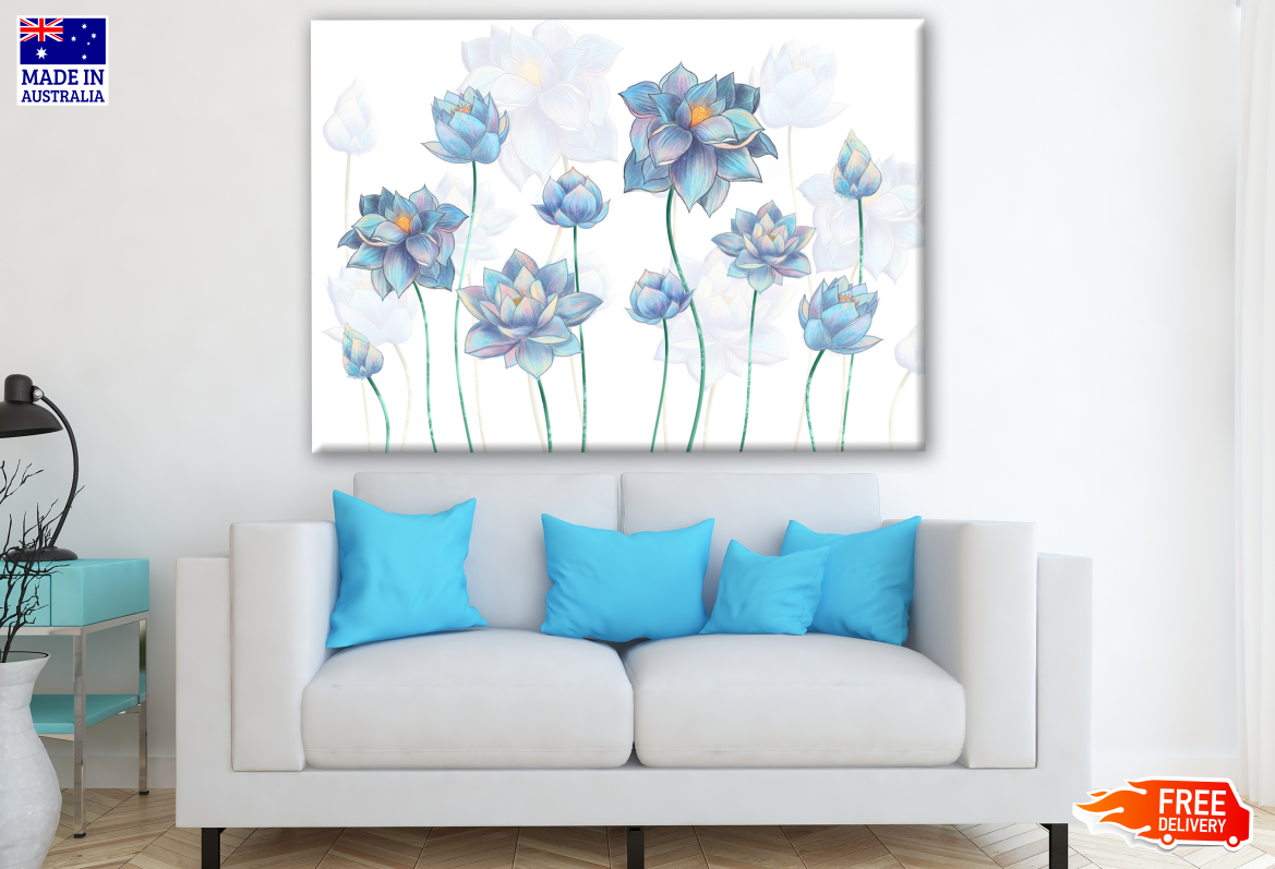 Pale Blue Lotus Flowers on White Background Painting Print 100% Australian Made