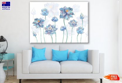 Pale Blue Lotus Flowers on White Background Painting Print 100% Australian Made