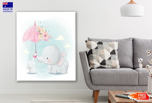 Cute Mommy and Baby Elephant with Red Umbrrella Nursery & Kids Design Print 100% Australian Made