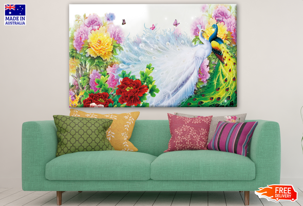 Two Peacocks in a Floral Forest Painting Print 100% Australian Made