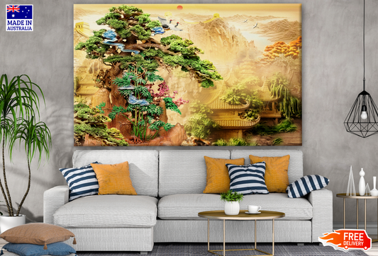 3D Tree & Old Chinese House with Birds & Tree Great Wall of China Print 100% Australian Made