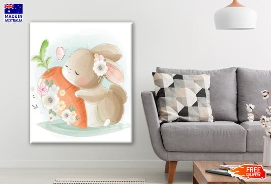 Rabbit & Carrot With Flowers Nursery & Kids Print 100% Australian Made