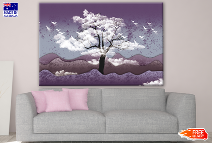 Mountain, White Birds in Sky with Black Tree in Clouds Print 100% Australian Made