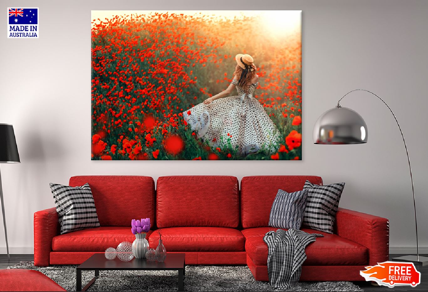 Girl & Blooming Hill Red Poppies Photograph Print 100% Australian Made