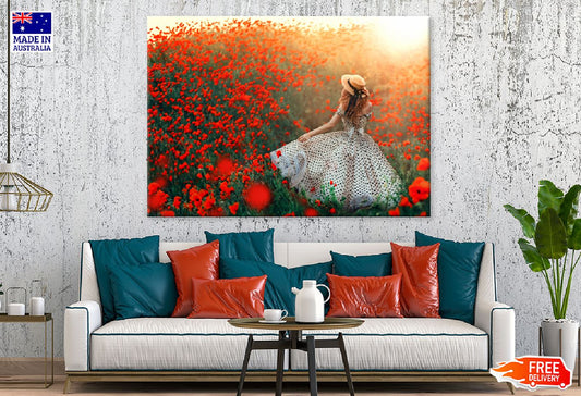 Girl & Blooming Hill Red Poppies Photograph Print 100% Australian Made