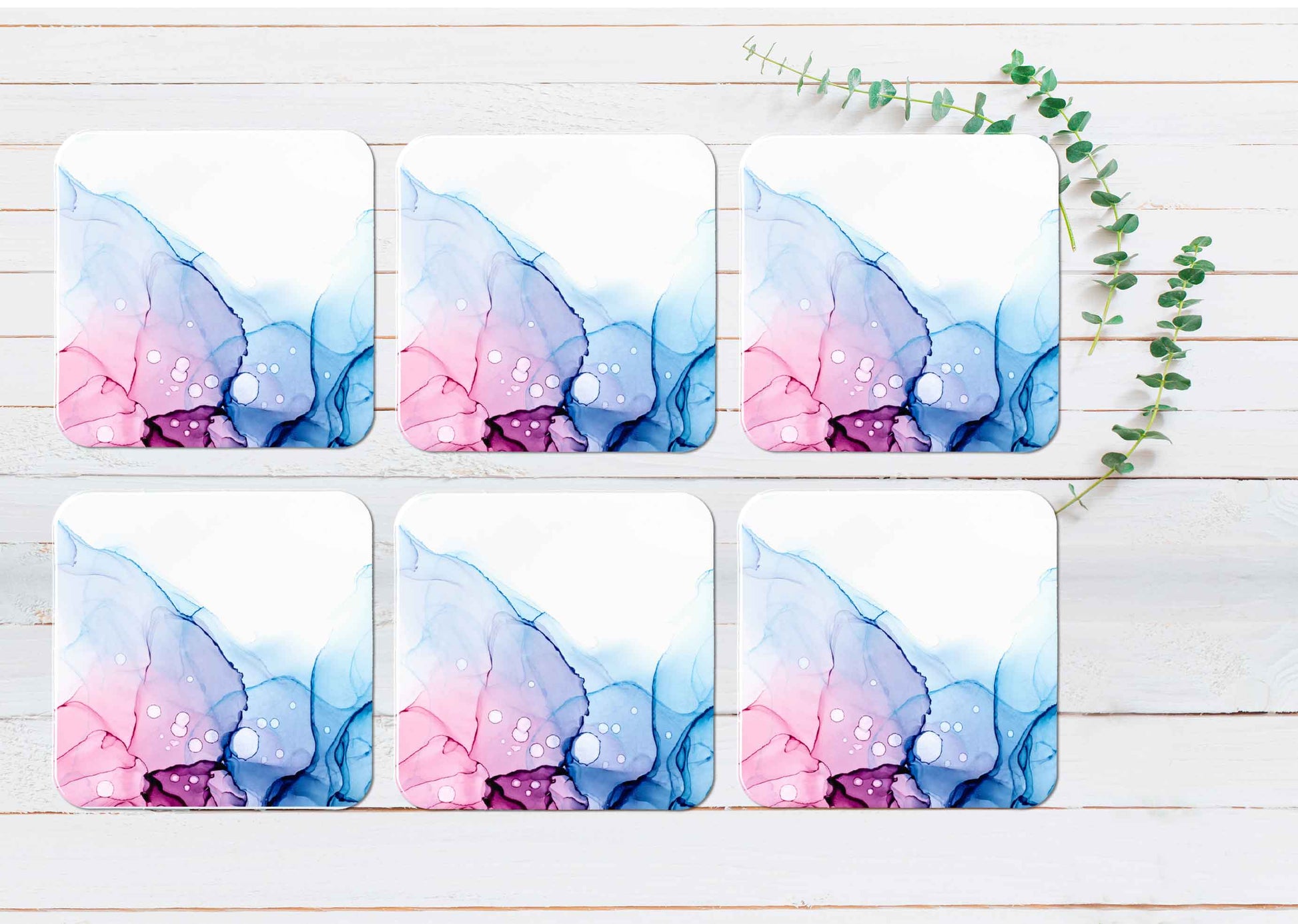 Pink Purple Blue Ink Abstract Design Coasters Wood & Rubber - Set of 6 Coasters