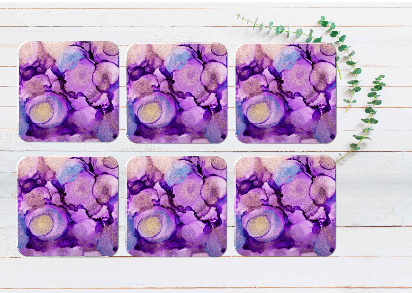 Pink Purple Blue Paint Abstract Coasters Wood & Rubber - Set of 6 Coasters