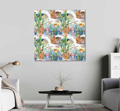 Square Canvas Fish with Coral Reef Painting High Quality Print 100% Australian Made