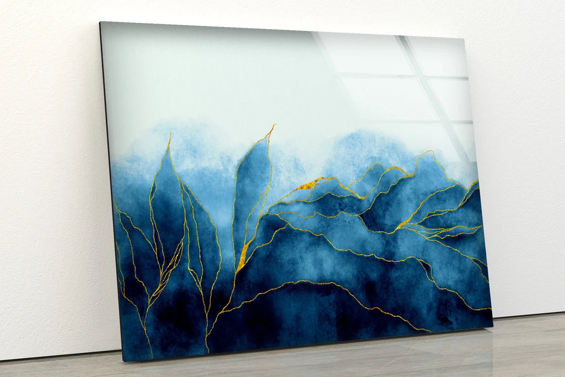 Blue White & Gold Abstract Design Acrylic Glass Print Tempered Glass Wall Art 100% Made in Australia Ready to Hang