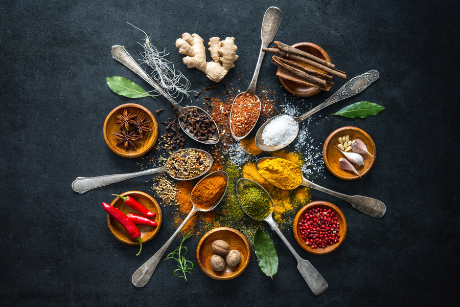 Various Herbs and Spices with Spoons & Bowls Photograph Print 100% Australian Made