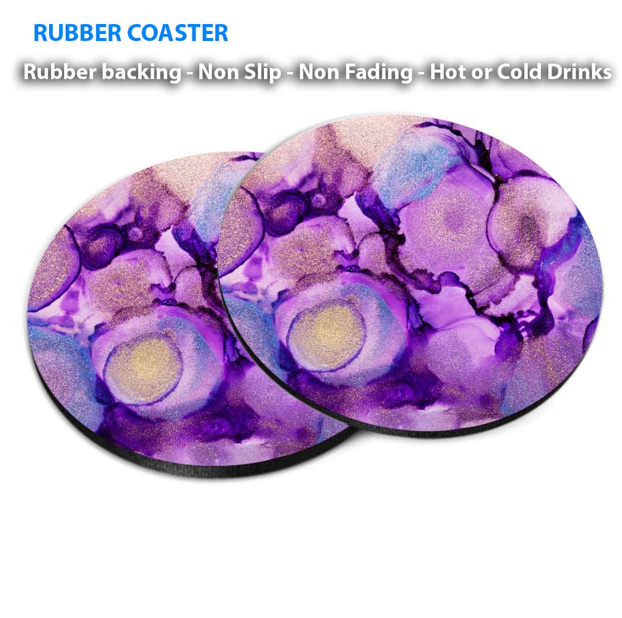 Pink Purple Blue Paint Abstract Coasters Wood & Rubber - Set of 6 Coasters