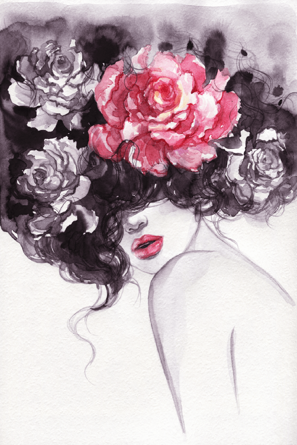 Rose on Messy Hair Girl Watercolor Painting Print 100% Australian Made