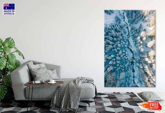 Snow Forest Trees & River Aerial Photograph Print 100% Australian Made