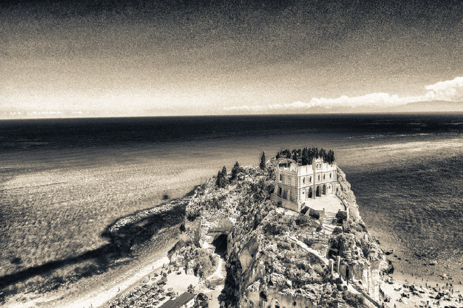 Tropea Coastline Aerial B&W View Photograph Print 100% Australian Made