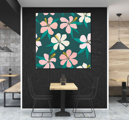 Square Canvas Hibiscus Flowers & Leaves Art High Quality Print 100% Australian Made