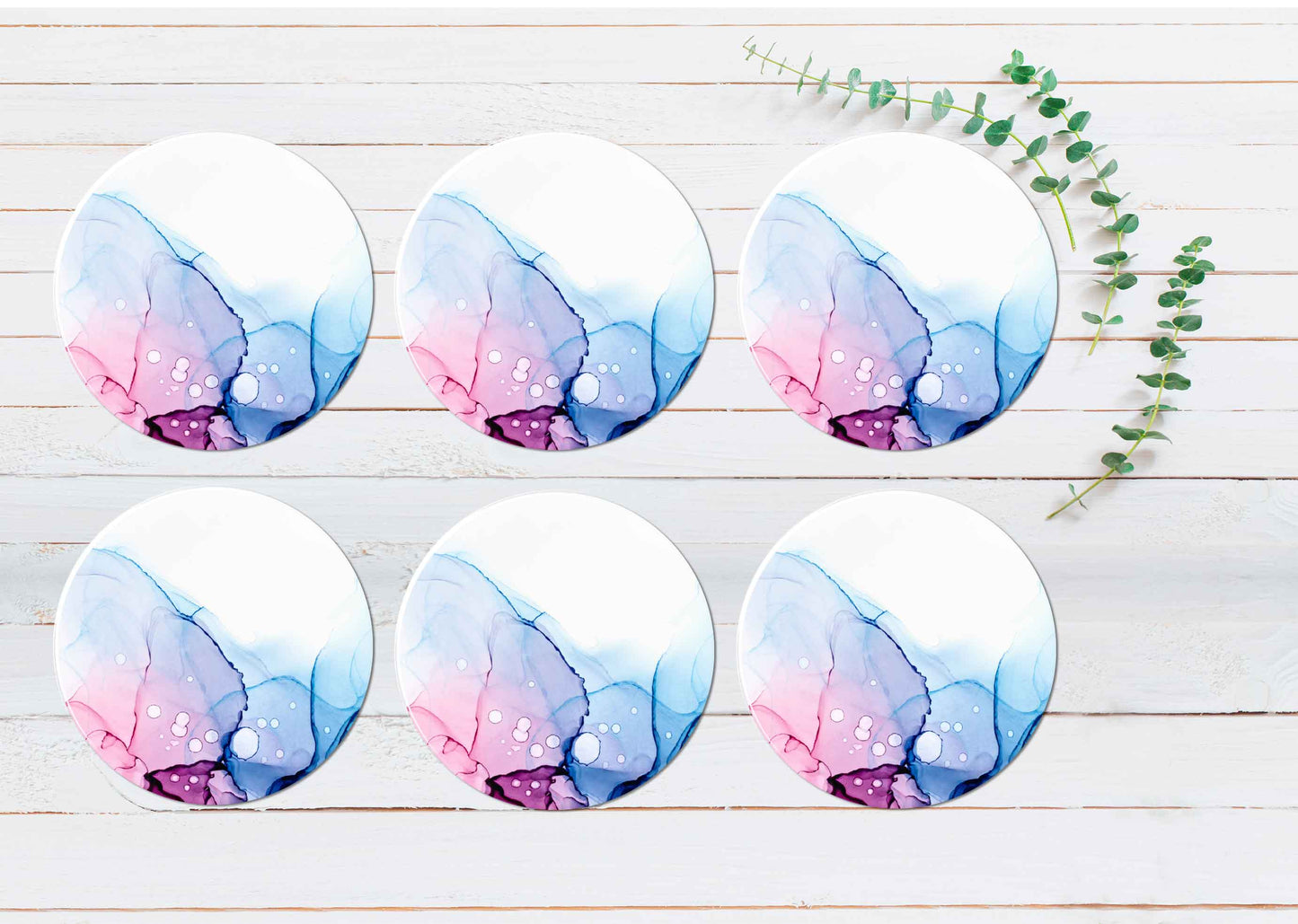 Pink Purple Blue Ink Abstract Design Coasters Wood & Rubber - Set of 6 Coasters