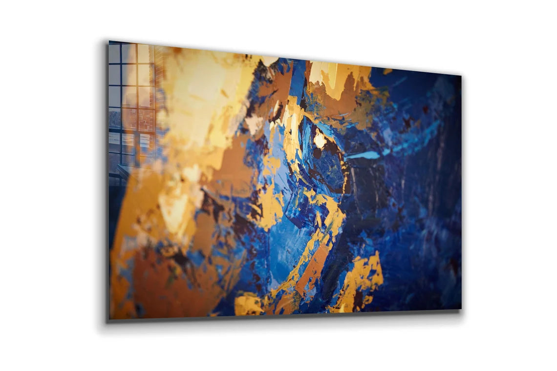 Yellow Blue Abstract Print Tempered Glass Wall Art 100% Made in Australia Ready to Hang