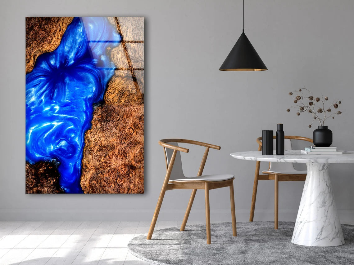 Wooden Marble With Epoxy Resin Blue Acrylic Glass Print Tempered Glass Wall Art 100% Made in Australia Ready to Hang
